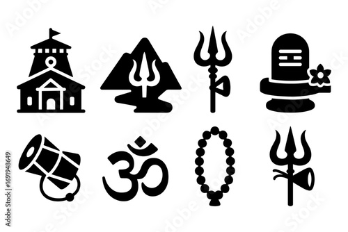 Hindu symbols silhouette collection: temple, mountains, and religious icons
