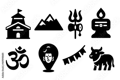 Silhouette icons of hinduism: temple, mountains, trident, lingam, om, buddha, flags, cow