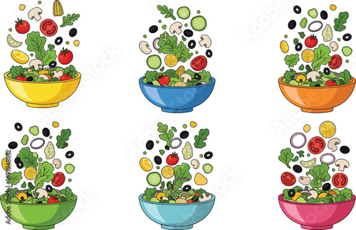 Colorful flying salad ingredients in bowls with vegetables, herbs, lemon, mushrooms, tomato, cucumber, healthy vegetarian food vector design.Colorful flying salad ingredients in bowls with 