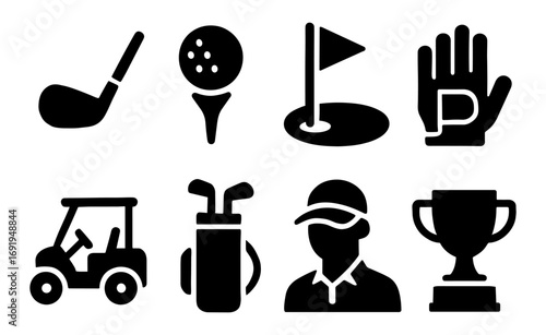 Golf icons collection: clubs, balls, flags, and more in bold silhouette design