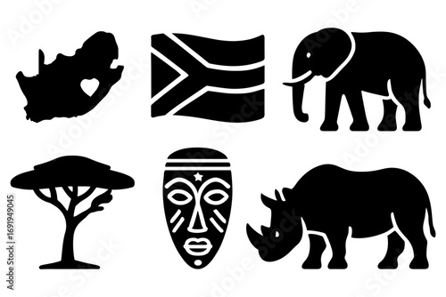 Silhouette icons of south african symbols featuring wildlife and cultural elements
