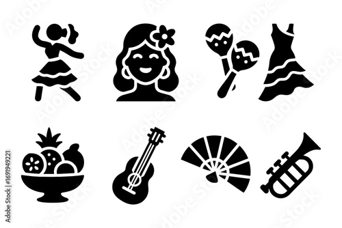 Black silhouette icons of spanish culture: dance, music, and cuisine elements