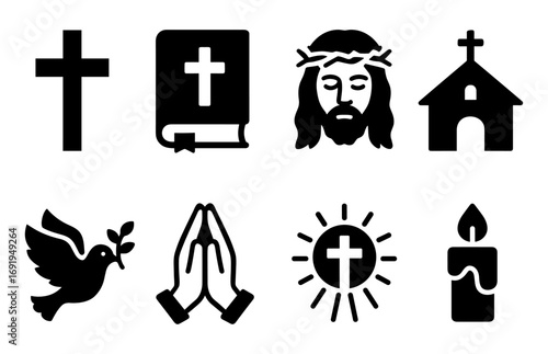 Set of religious symbols: cross, bible, jesus, church, dove, prayer, candle icons