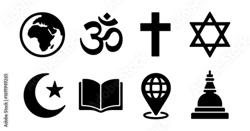 Collection of global religious symbols in bold black silhouette style