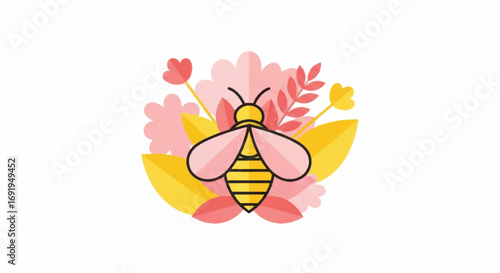 Cute cartoon bee with pink wings and floral elements.