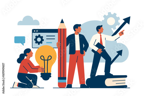 Creative teamwork and innovation concept with diverse professionals and growth symbols