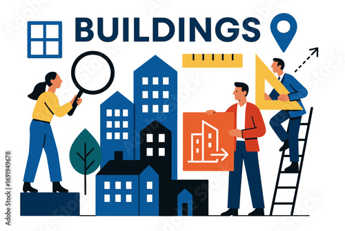 Urban planning concept with diverse team analyzing and designing cityscape elements