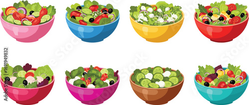 Colorful vector illustration of fresh vegetable salad bowls with tomatoes, cucumbers, olives, leafy greens, healthy diet, organic food, nutrition, clean eating concept.