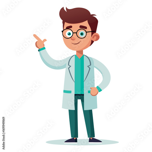 Cartoon doctor pointing upwards, wearing glasses and a white coat with green shirt