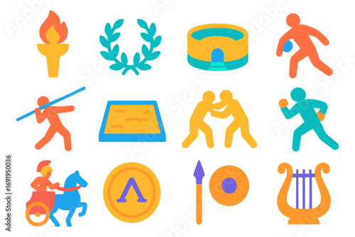 Colorful icons depicting ancient olympic sports and symbols