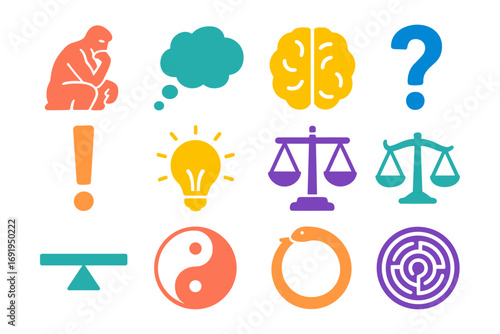 Colorful symbols of thought and decision-making in flat design