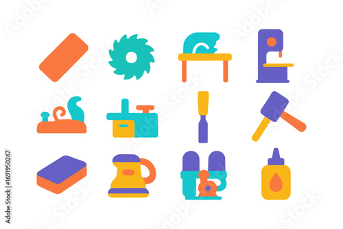 Colorful icons of carpentry and woodworking tools in flat design