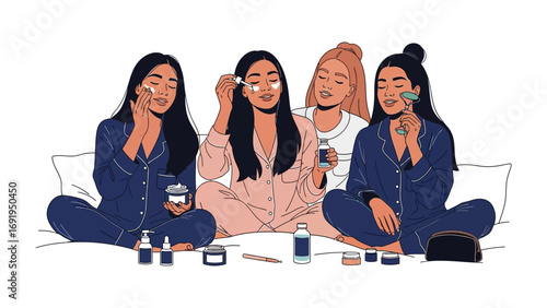 Four diverse young women in pajamas enjoying a nighttime skincare routine together applying facial products and serums on a bed