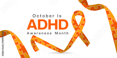 October is National ADHD Awareness Month. Ribbon. Suitable for posters, banners and social media. White background.