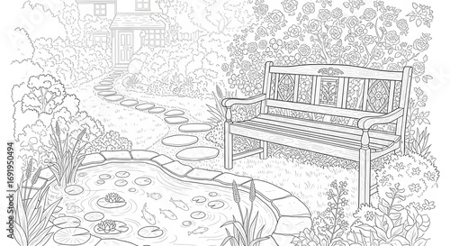 Detailed Garden with Pond and Bench Line Art Drawing