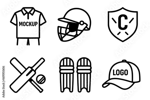 Cricket equipment icons: helmet, shirt, badge, bat, wickets, cap in bold outline design