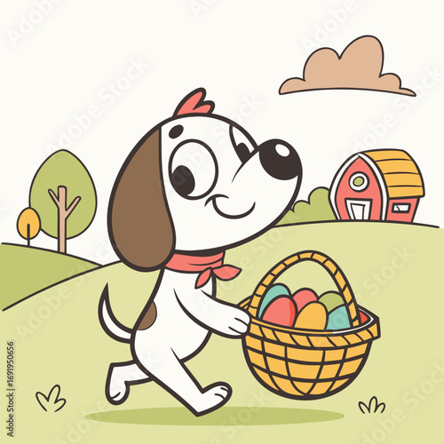 Vector art of adorable puppy on an easter egg hunt, carrying a basket full of colorful eggs in a charming countryside scene