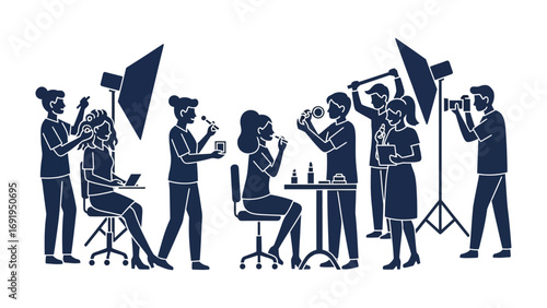 Silhouette of a professional photography studio setup with models getting makeup done and photographers taking pictures with studio lighting equipment