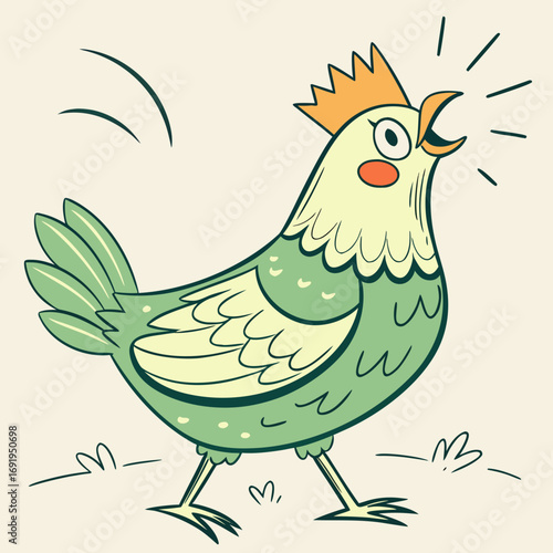Vector art of a cheerful cartoon chicken crows with a bright orange comb, green feathers, and a rosy cheek, standing on a beige background