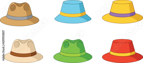 Flat Vector Collection of Colorful Fedora and Sun Hats – Summer Fashion Accessories for Travel, Beach Outfits, Illustration, and Casual Design