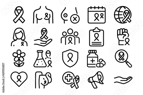 Breast cancer awareness icons set - bold linear symbols for health campaigns and education