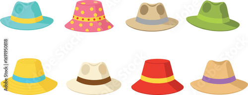 Flat Vector Collection of Colorful Fedora and Sun Hats – Summer Fashion Accessories for Travel, Beachwear, Casual Outfits, and Design Use