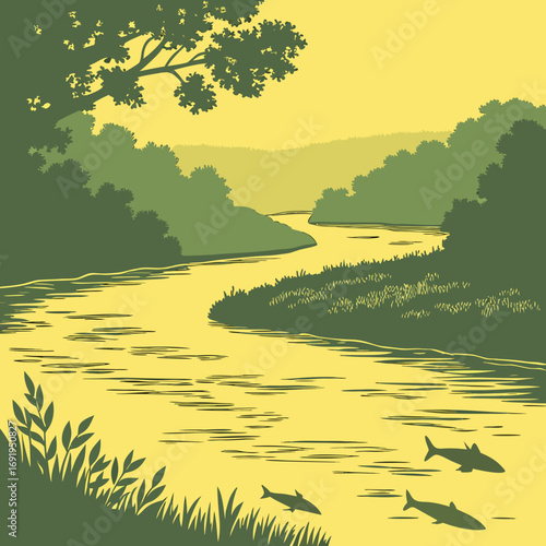 Vector art of a serene river winds through a lush green forest, with fish swimming in the clear water under a warm, sunny sky, creating a peaceful scene