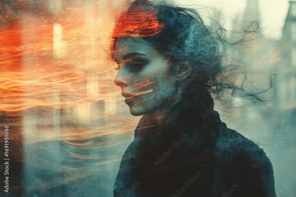 Fototapeta premium Woman with a veil on her head and a building in the background creative portrait