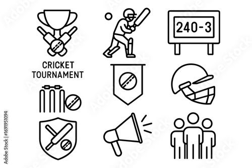 Cricket tournament icons: linear style sports symbols and equipment