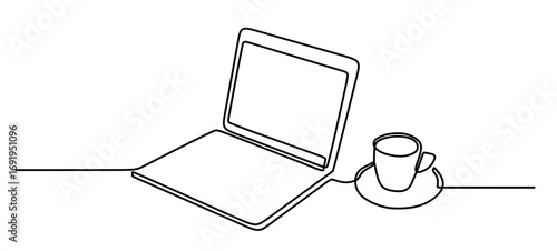 Continuous line art of a laptop and a cup of coffee. Comfortable workplace concept. Vector illustration.


