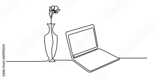 Continuous line art of a laptop and flowers. Comfortable workplace concept. Vector illustration.

