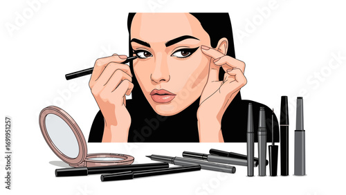 Close up of a woman applying dramatic winged black eyeliner with a brush surrounded by makeup products and a compact mirror