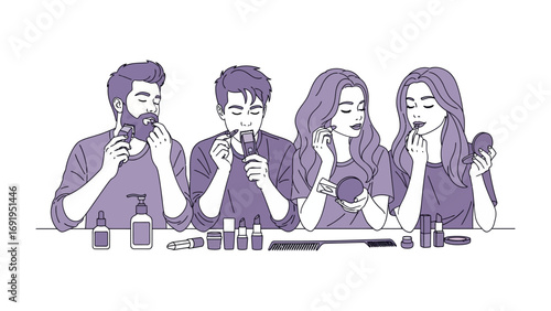 Diverse group of four young adults applying makeup and grooming themselves with various cosmetic products in a studio setting artistic illustration