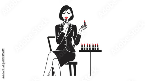 Stylish businesswoman applying bright red lipstick while sitting on a chair with a collection of colorful lipsticks on a table nearby