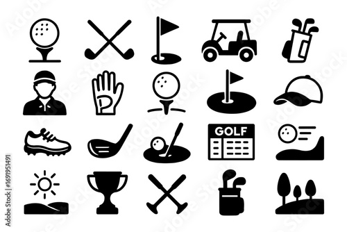 Golf icon set featuring silhouette equipment and symbols for sports enthusiasts