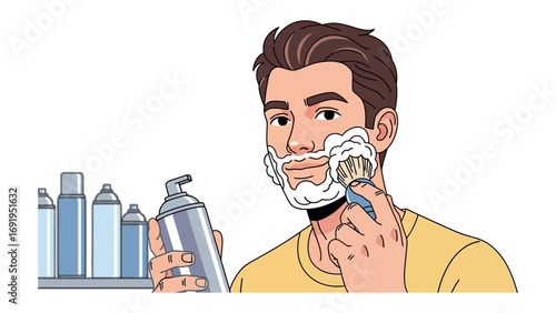 Young man with brown hair and beard applying shaving cream to his face with a razor in a bathroom setting with bottles on a shelf