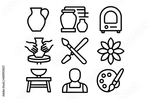 Pottery and art tools icons: crafting, painting, and sculpture in a linear style