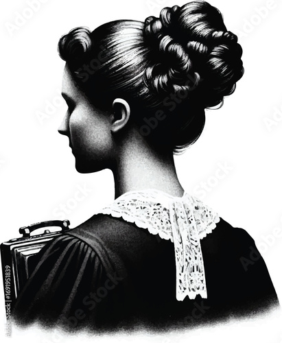 A monochrome illustration showcases a woman from behind, her dark hair styled in a high bun, wearing a dark dress adorned with a white lace collar, and carrying a dark-colored briefcase.