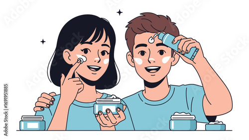 Young happy couple applying facial cream and moisturizer together for healthy glowing skin care routine in a bright studio setting