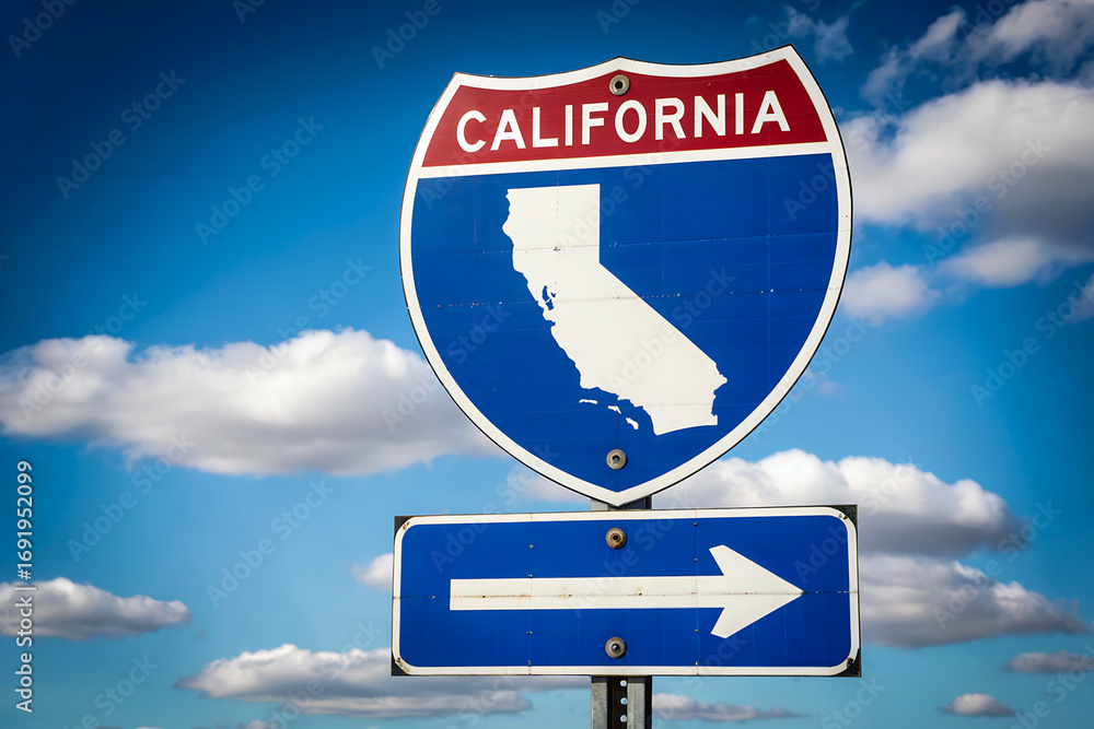 Naklejka premium California highway sign with state map and directional arrow road