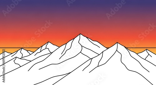 Minimalist White Mountain Peaks Against Vibrant Orange Purple Sunset