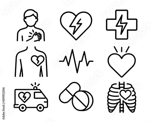 Heart health icons set: medical symbols in simple linear design