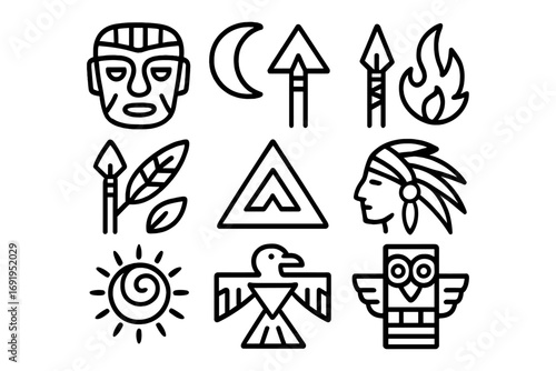 Tribal symbols set featuring native culture elements in bold linear style