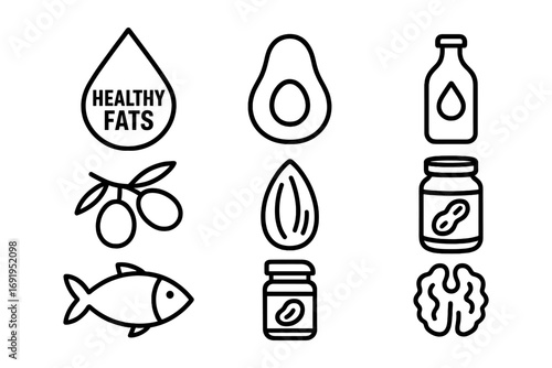 Black and white icons of healthy fat sources including avocado, olive, and nuts