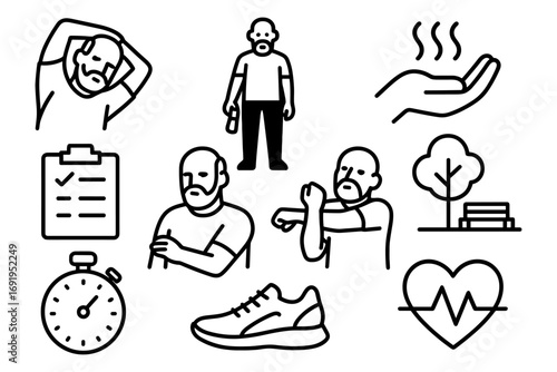 Men's fitness and health icons: exercise, relaxation, and well-being in simple line art