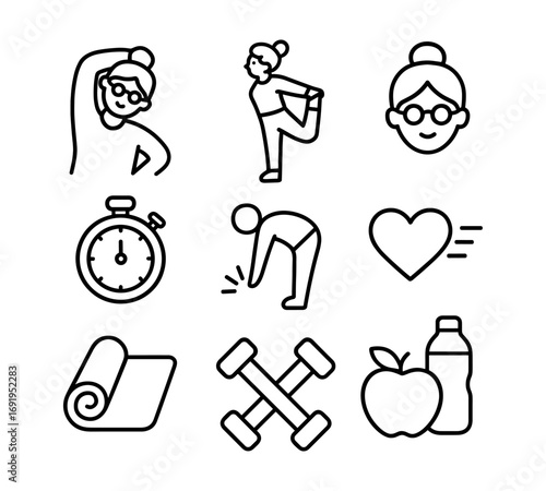 Minimalist icons of fitness activities featuring yoga, exercise, and healthy living