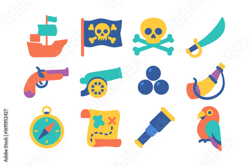 Colorful pirate adventure icons with nautical and treasure elements