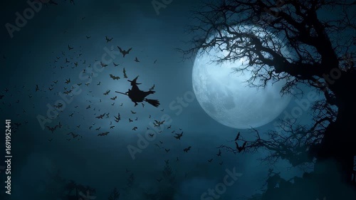 Eerie moon flight with witch and bats
