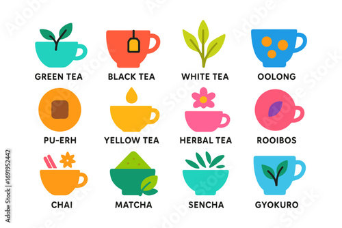 Colorful tea cup icons featuring different types of tea in flat design style