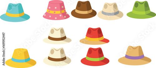 Flat Vector Illustration of Colorful Fedora and Sun Hats – Fashion Accessories for Summer, Travel, Casual Wear, Beach, and Design Use